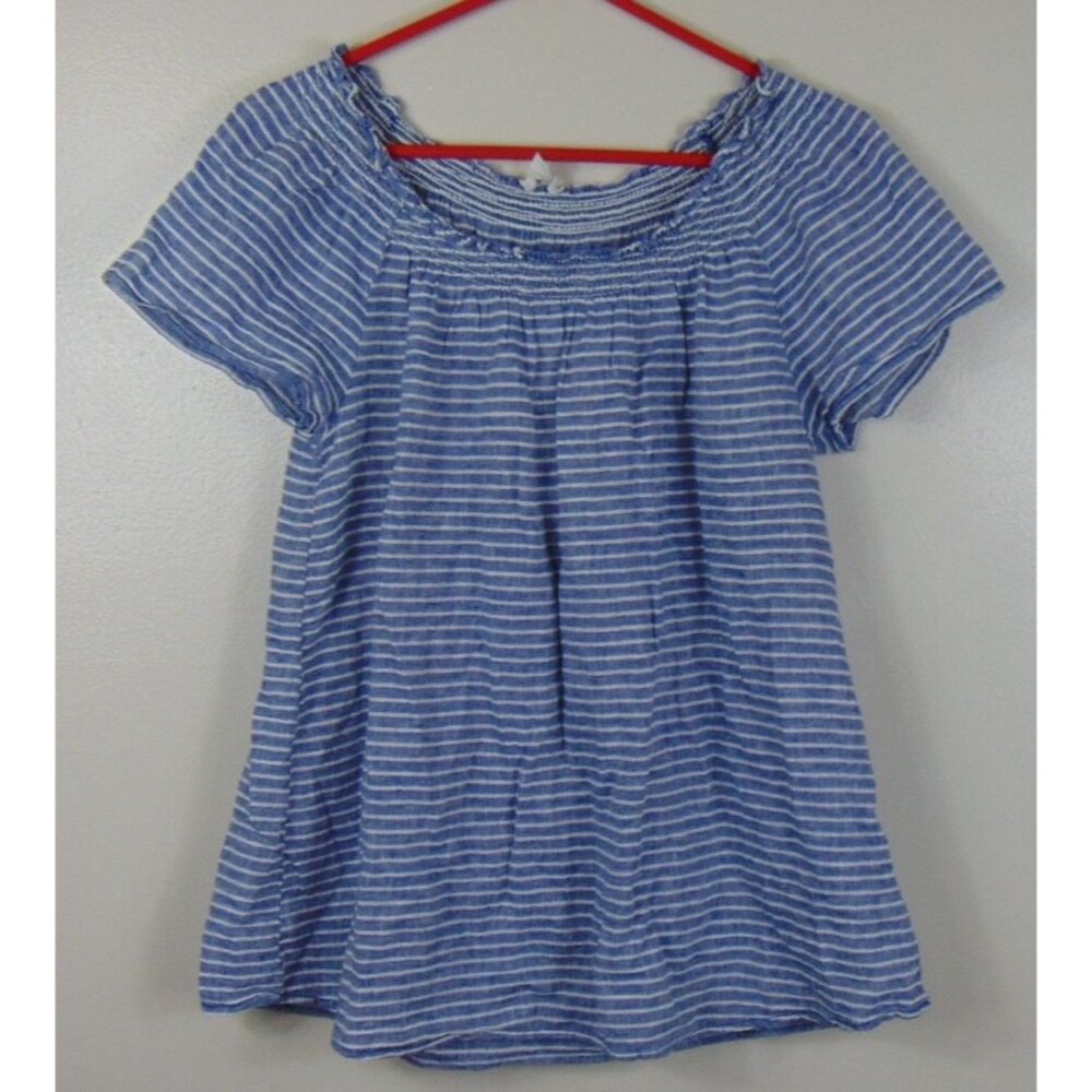 Beach Lunch Lounge Top Women Large Nautical Blue White Shirt Coastal Linen Blend